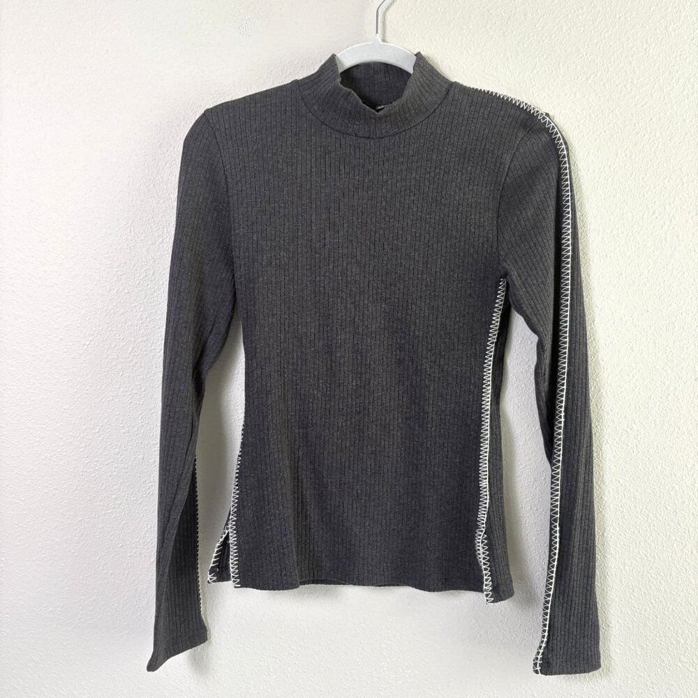 J Crew Rib Turtleneck Stitch Detail Size S Gray Charcoal Long Sleeve CF279